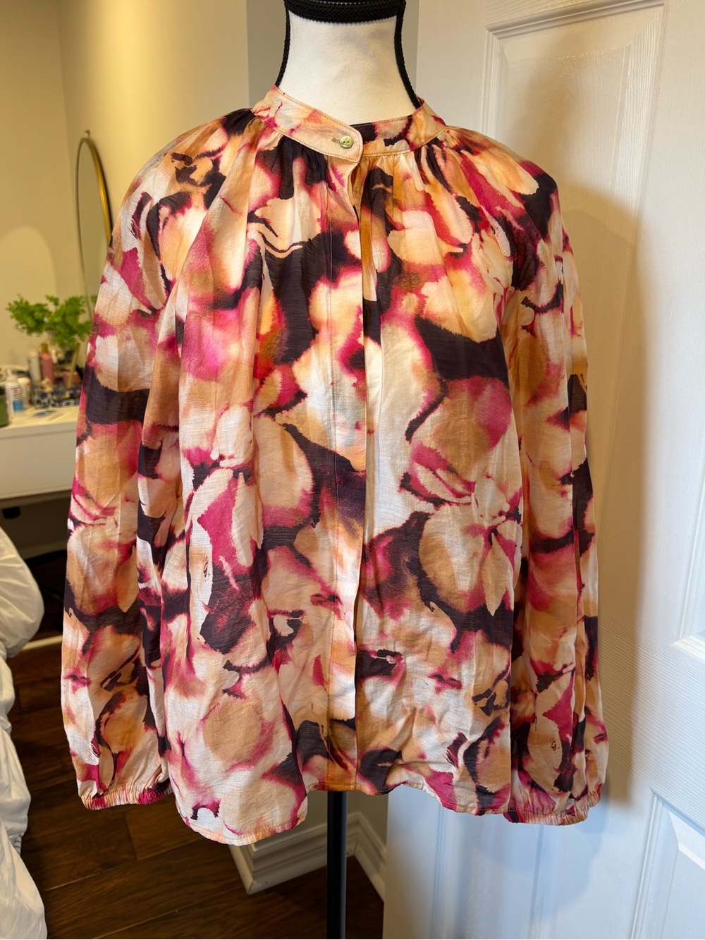 Cloth & Stone Floral Blouse Large Pink Balloon Sleeve Boho Peasant Top